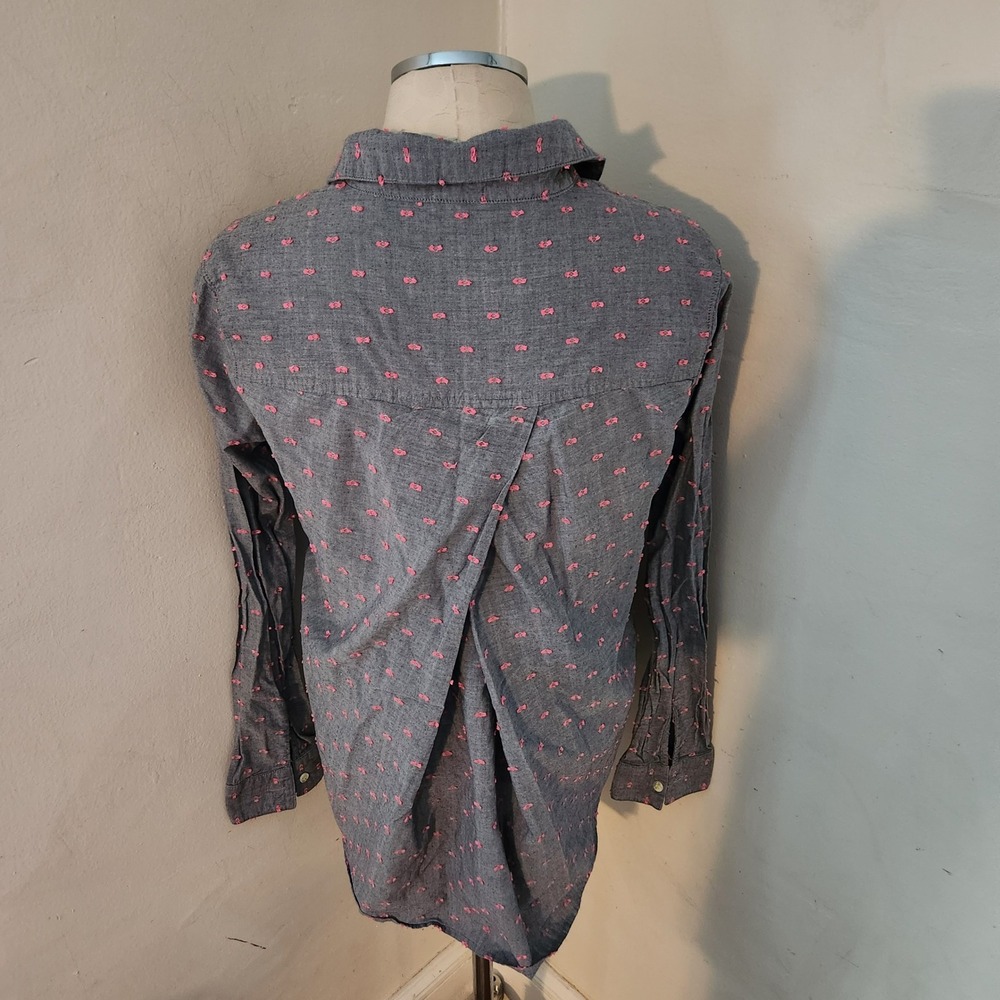 Splendid Women's Medium Gray Pink Dot Long Sleeve Button Up‎ Shirt 100% Cotton - Picture 2 of 5